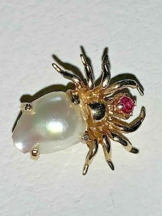 Vintage 14k Yellow Gold,  Pearl,  Ruby Eye Spider Insect Pin Brooch Rare