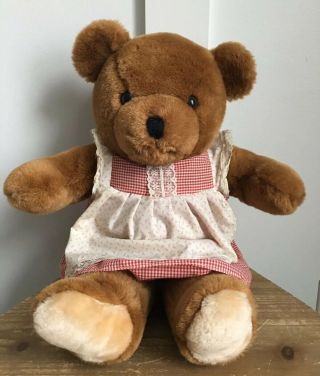 Vintage Kamar Plush Teddy Bear With Red Gingham Dress 19” Soft Brown