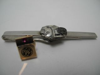 Vintage Ge General Electric Logo Motor Tie Clasp & Gold Lapel Pin With Red Jewel