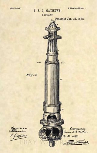 Official First Fire Hydrant Us Patent Art Print - Vintage 1882 Antique Fdny 421