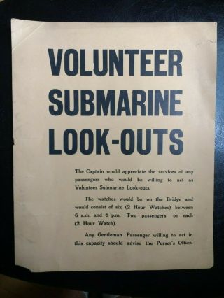 World War I - Volunteer Submarine Look - Outs Placard - Extremely Rare