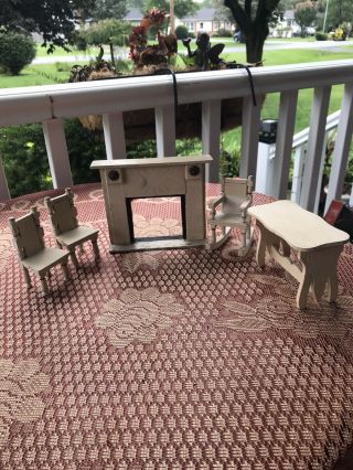 5 Pc Vintage Dollhouse Miniatures White Wood Fireplace Chairs Stand