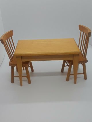 Vintage Dollhouse Miniature Kitchen Furniture Wood Dining Table 2 Chair 1:12
