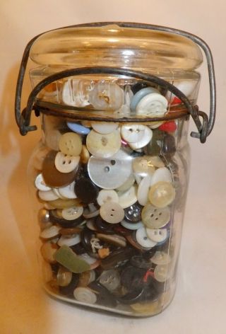 Antique Queens Wide Mouth Glass Canning Jar Filled With Old Buttons