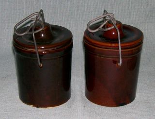 Vintage Stoneware Brown Cheese Crock Jar With Lid And Wire Bale - Set Of 2 - Vguvc