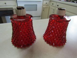 Vintage Mcm Pair Ruby Red Diamond Point Glass Peg Votive Cups Candle Holders