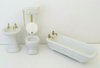 Vintage Porcelain Dollhouse Miniature White Bathroom Bathtub Tub Toilet Sink Set