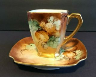 D&b Antique German Cup And Saucer,  Demitasse,  Hand - Painted Fruit,  Gilded