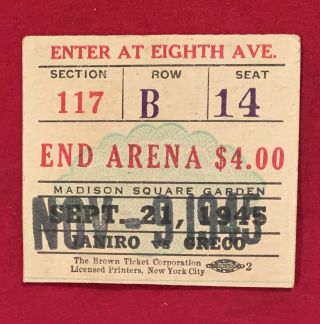 1945 Tony Janiro Vs Johnny Greco Madison Square Garden Boxing Ticket Antique Old