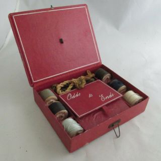 Antique Sm Red Sewing Kit Box " A Stitch In Time Saves Nine " W Silk Thread Spools