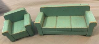 Vintage Wood Dollhouse Sofa Couch & Side Chair Miniature Furniture