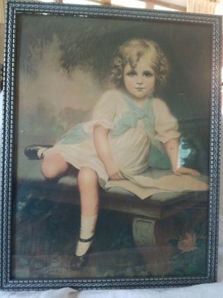 Antique Vintage Art Deco Girl Child On Bench Daisies Roses Framed Print