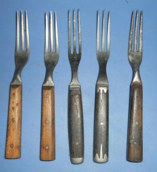 Vintage Set Of 6 Antique Wood Handle 3 Tine Forks Pre Civil War