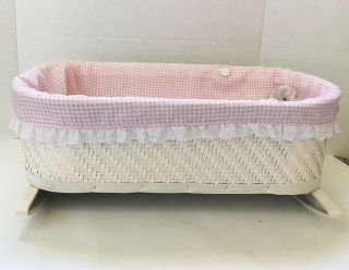 17” Vtg White Wicker Baby Doll Display Cradle Bassinet Bed W/pillow