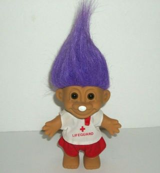 Vintage Russ Lifeguard Troll Doll Purple Hair W Whistle & Uniform 4 " Collectible