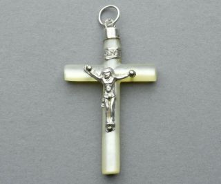 French,  Antique Religious Crucifix.  Silver & Mother Of Pearl.  Cross Jesus Christ