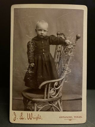 Antique Cabinet Card Photo Little Girl In Wicker Chair Comanche Texas 1890s
