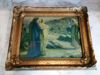 Antique Vintage Religious Print Picture Convex Glass Frame Gold Gilt Wall