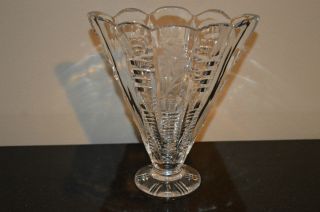 Vintage Antique Pressed & Cut Glass Fan Vase Crystal Clear - Etched Flower K