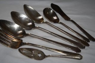 National Silver Co.  Triple Plate " Nts16 " (7) Pc Set - Serving Spoon - Meat Fork - Knife