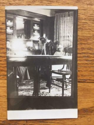 Antique Real Photo Postcard Rppc 2 Victorian Women Indoors Dining Room Table