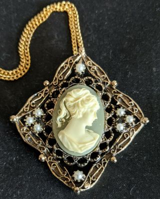 Vintage Square Lady Head Cameo Pin Necklace Pendant Faux Pearl Antique Style Nos