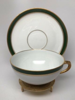 Antique M Redon Limoges Porcelain Cup & Saucer Green Band & Gold Ornate Handle