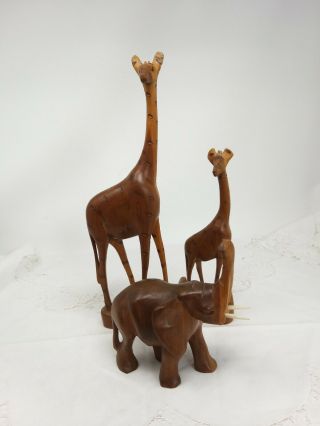 3 X Vintage Carved Wooden Animals Elephant And Large And Small Giraffe Large=12 "