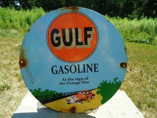 Vintage Rare Old Gulf Gasoline Porcelain Gas Station Ad Sign " Orange Disc "