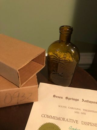 South Carolina Commemorative Dispensary Flask Amber Glass 0932 Rare