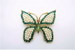 Vtg Weiss Gold Tone Large Butterfly Brooch W/faux Pearls & Rhinestones