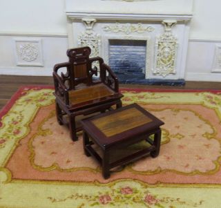 Dollhouse Miniature 1:12 Wooden Chinese Chair And Ottoman