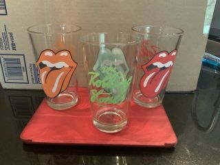 The Rolling Stones Set Of 3 Pint Beer Glasses.  Very Rare And Hard To Find