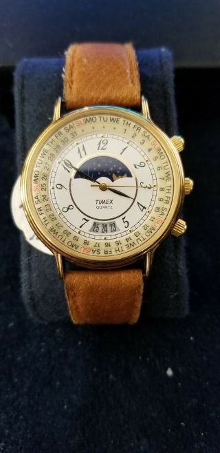 Vintage Timex Moon Phase Perpetual Calendar Watch 1990 Gold Tone Dress Date Rare