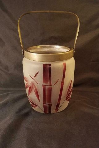 Antique Frosted Glass Cracker Biscuit Jar Red Bamboo Design Metal Handle No Lid