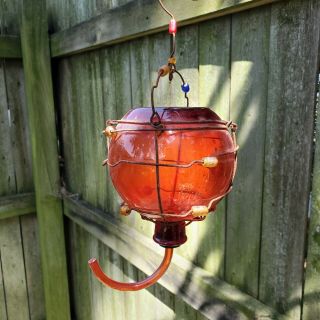 Rare,  Vintage Hand Blown Glass Ball / Globe Hummingbird Feeder Red