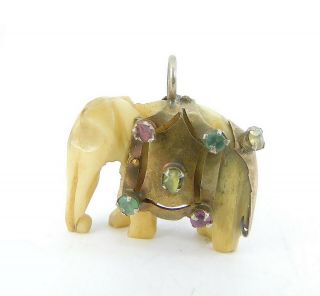 Rare Antique Victorian 9ct Gold Real Gems Elephant Charm Pendant Fob Hand Carved