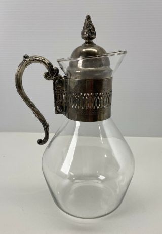 Vintage Silver Plate And Glass Water Wine Pitcher Carafe With Ornate Handle