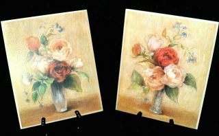 2 Vintage Style Roses & Vase Print Wood Signed Floral Pics Wall Art Decorative