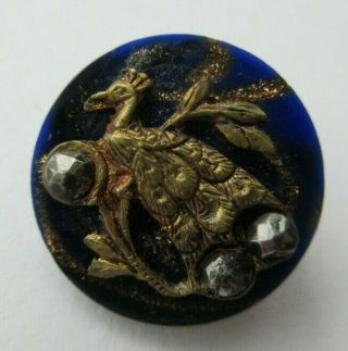 Magnificent Rare Antique Vtg Cobalt Glass Button Metal Peacock & Cut Steels (g)