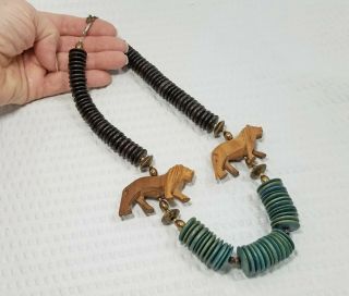 Vintage Ethnic Carved Lion And Disk Bead African Art Necklace