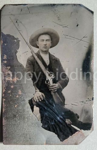 Rare Tintype Of A Man Holding A Flintlock Long Rifle Circa 1860