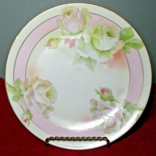 Antique Prussia Royal Rudolstadt Hand Painted Porcelain Plate Pink,  White Roses