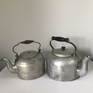 2 Vintage Antique Primitive Metal Aluminum Hot Water Tea Kettle With Wood Handle