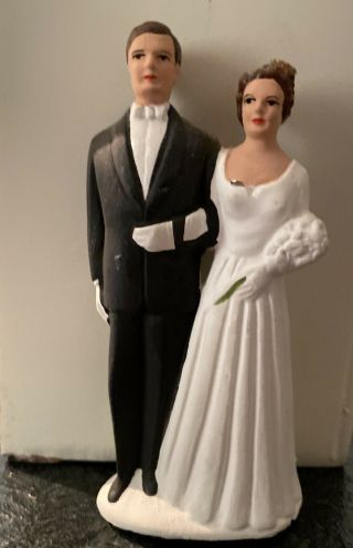 Vintage Antique Chalk Plaster Wedding Cake Topper Bride And Groom 4 1/8”