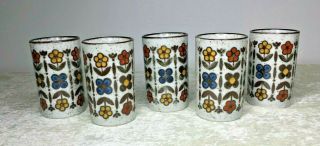 Vintage Speckled Ceramic White Brown Multi Colored Floral Set Of 5 Juice Cups