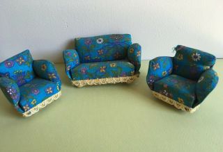 Old And Rare Vintage Lundby Dollhouse Miniature Blue Floral Sofa And Chair Set
