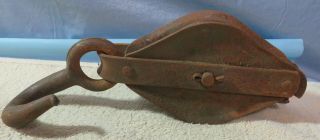 Antique Vintage 5 Steel Industrial Pulley Single Wheel With Hook Anchor Marking