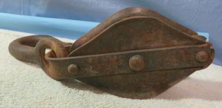 Antique Vintage 5 Steel Industrial Pulley Single Wheel With Hook Anchor Marking 3