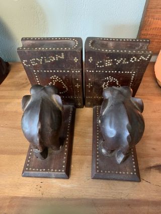 Vintage Antique Ceylon Elephant Bookends Hand Carved Solid Ebony Wood Rare